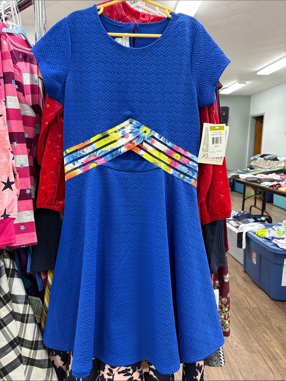 Bonnie Jean Bright Blue Textured Fit-and-Flare Dress with Floral Waistband